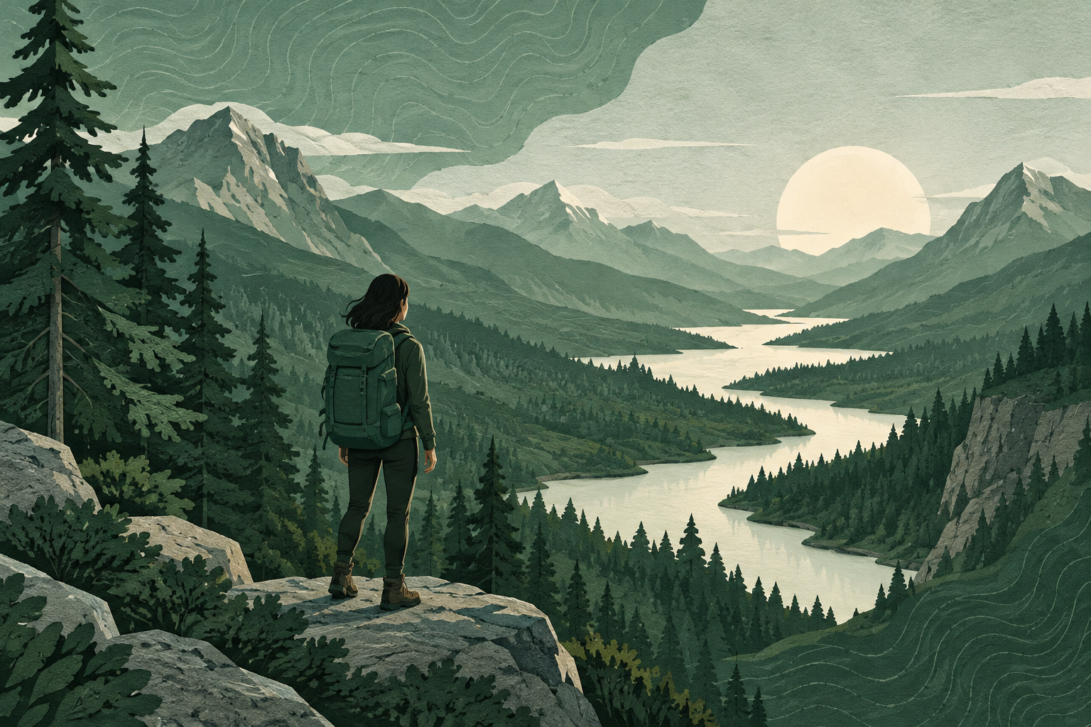 forest green topographic paper landscape with winding cream path and distant sun, modern adventure editorial illustration